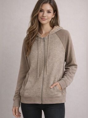 Petal Dew Boutique Oversized Zip Hoodie Tan Brown Pockets Boho Small